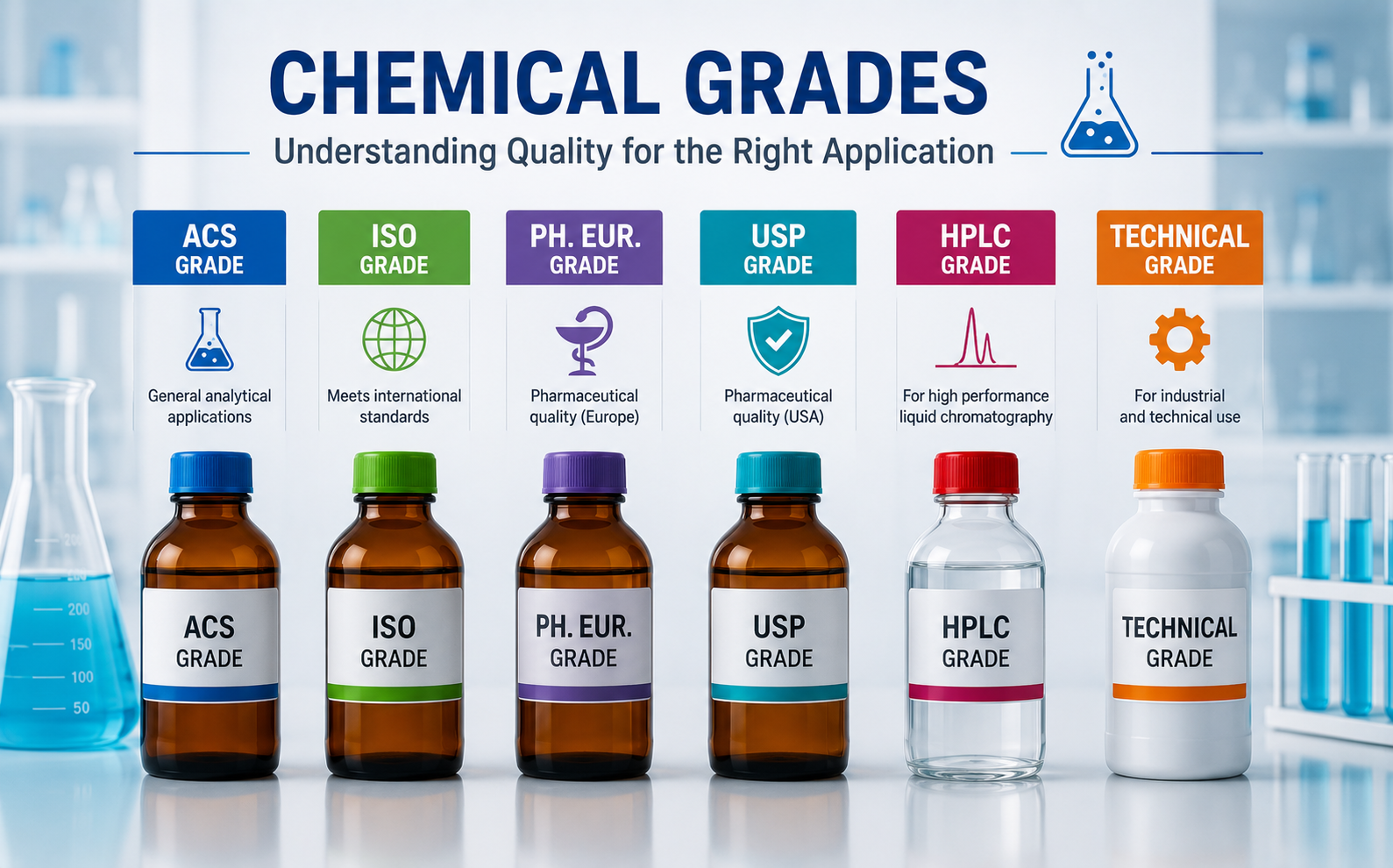 Laboratuvar Kimyasallarında Grade Nedir? ACS, ISO, Ph. Eur., USP, HPLC ve Technical Grade Farkları